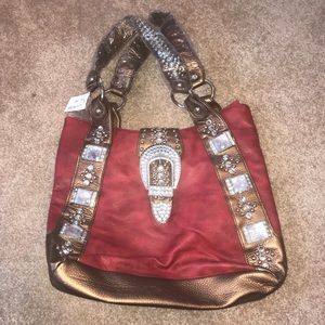 Red and Brown Rhinestoned Purse with Red Interior
